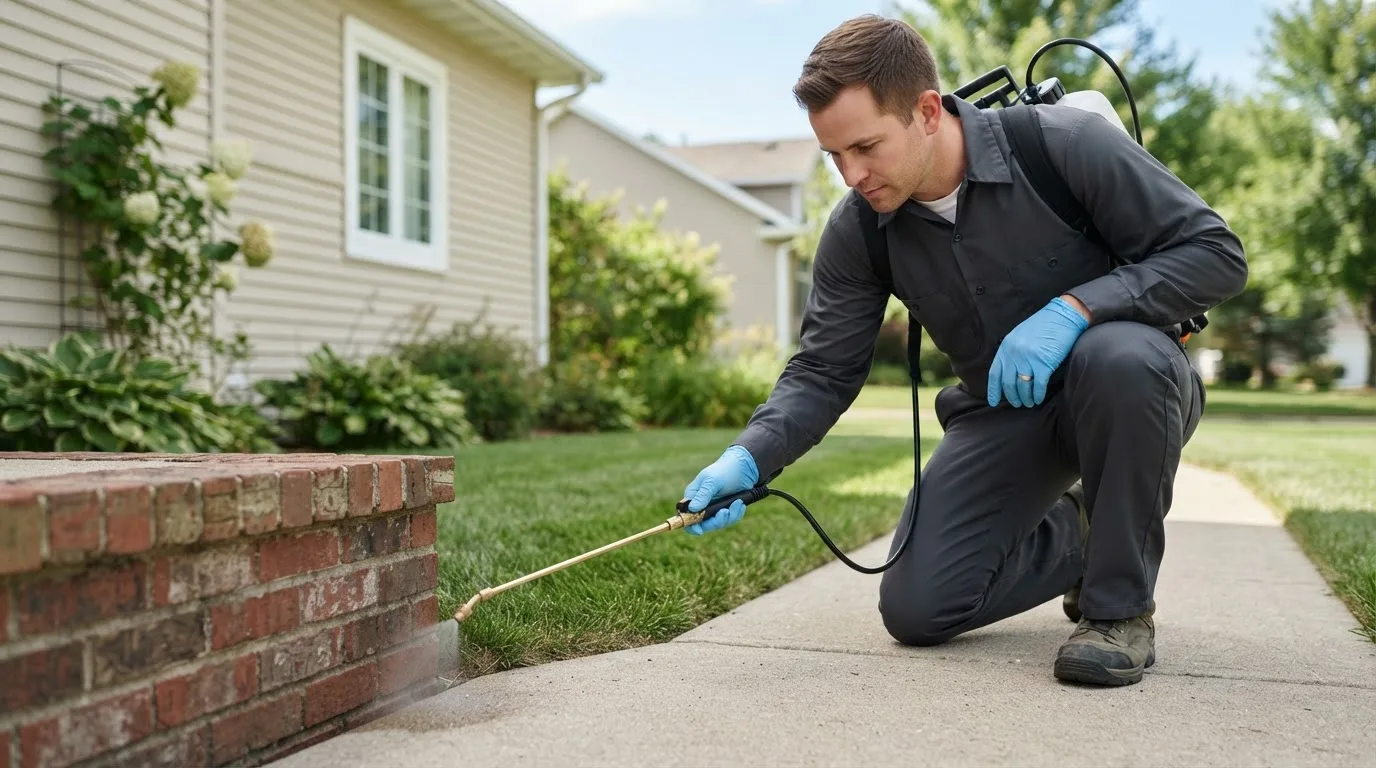 Pest control technician treating a home near Hunter, ND