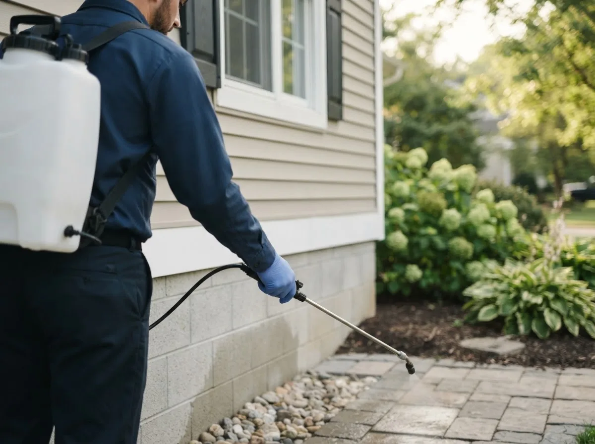 Pest control technician inspecting a home in Hunter, ND